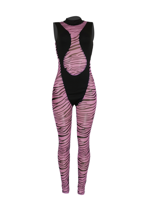 RYNLEES Animal Print See Through Skinny Jumpsuit