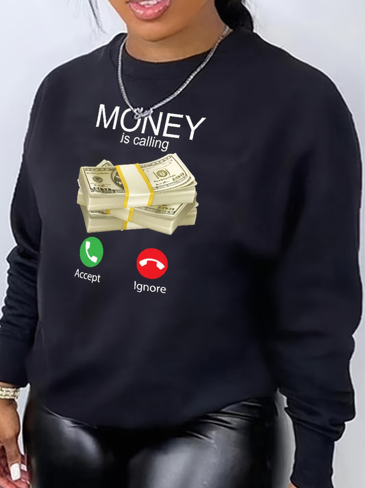 RYNLEES Plus Size Money Letter Print Sweatshirt