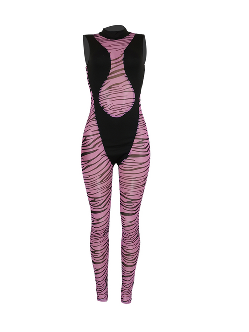 RYNLEES Animal Print See Through Skinny Jumpsuit
