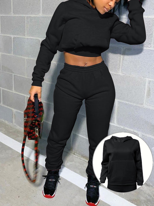 RYNLEES BASICS Casual Polyester Hooded Collar Solid Color Long Sleeve Two-piece Pants Set
