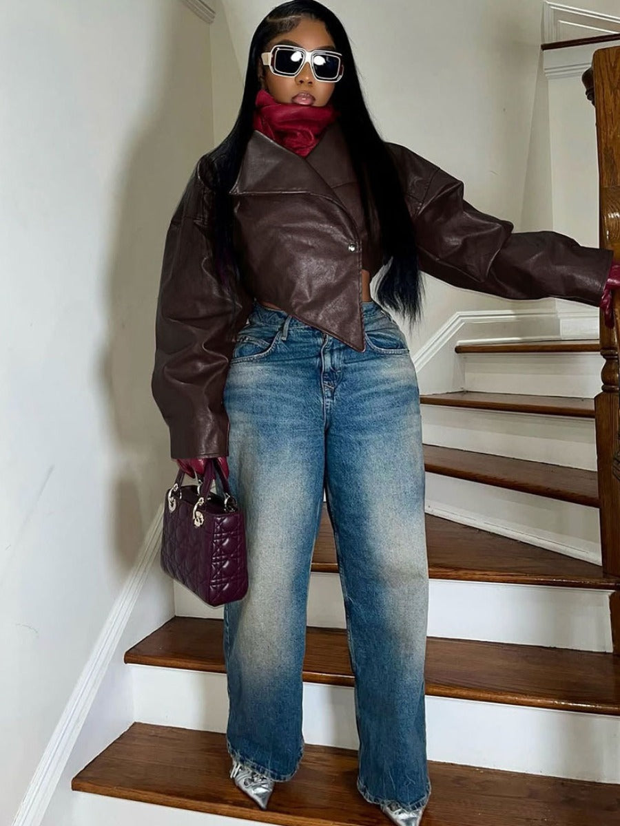 RYNLEES Asymmetrical Solid Color Faux Leather Jacket