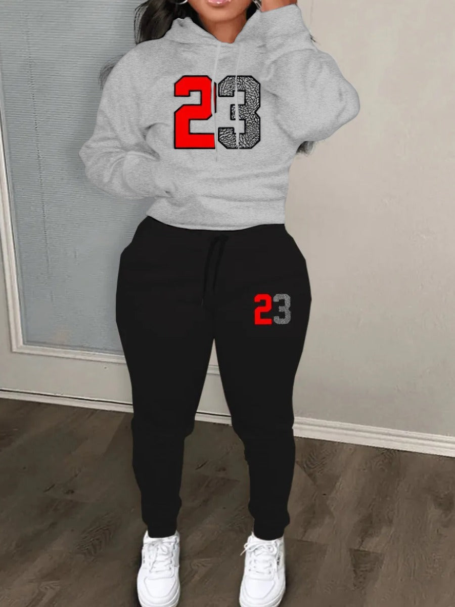 RYNLEES Casual Polyester Hooded Collar Drawstring Print Long Sleeve Two-piece Pants Set