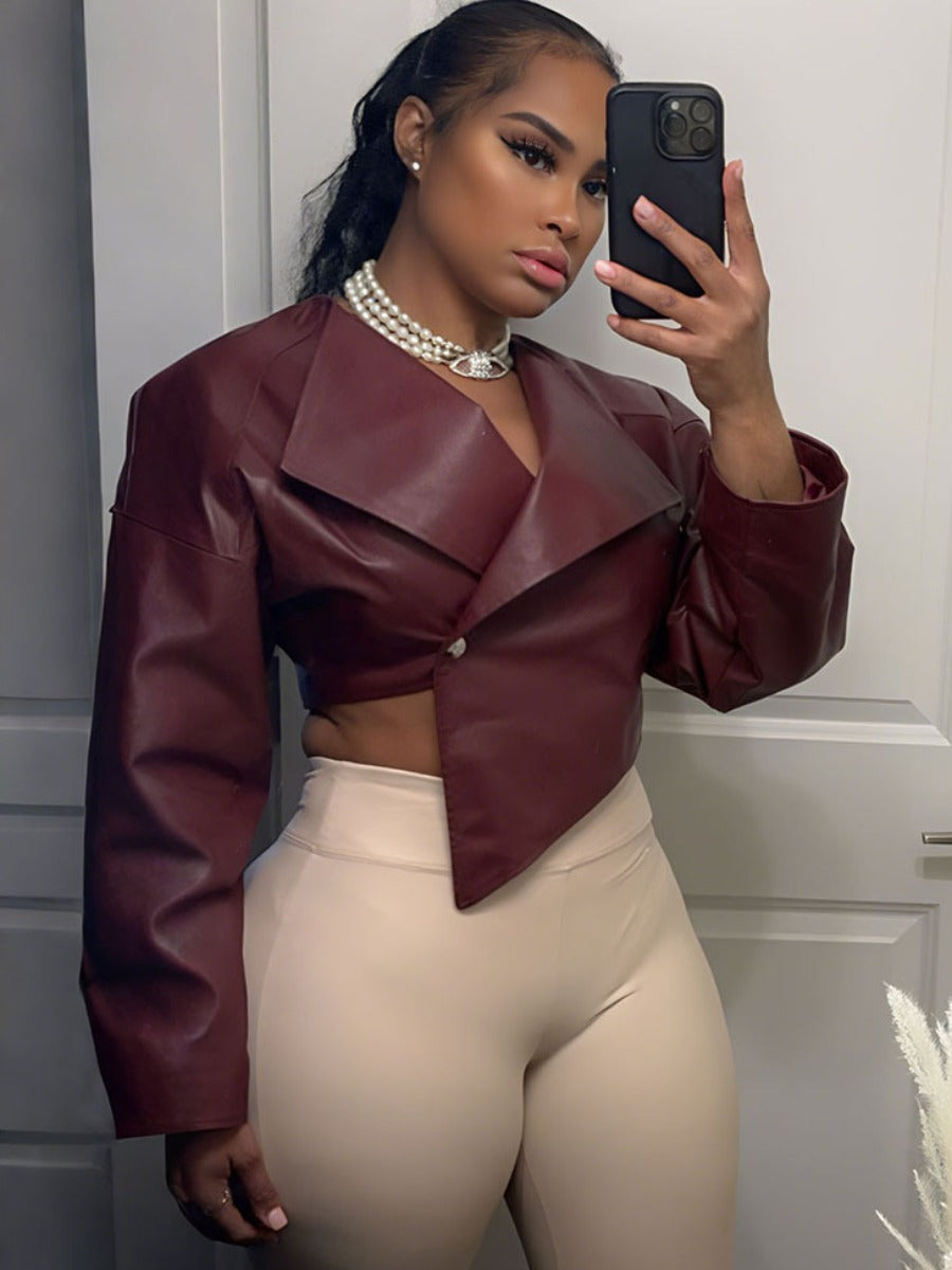 RYNLEES Asymmetrical Solid Color Faux Leather Jacket