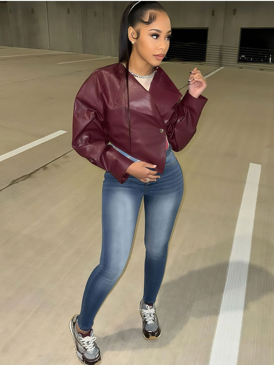 RYNLEES Asymmetrical Solid Color Faux Leather Jacket