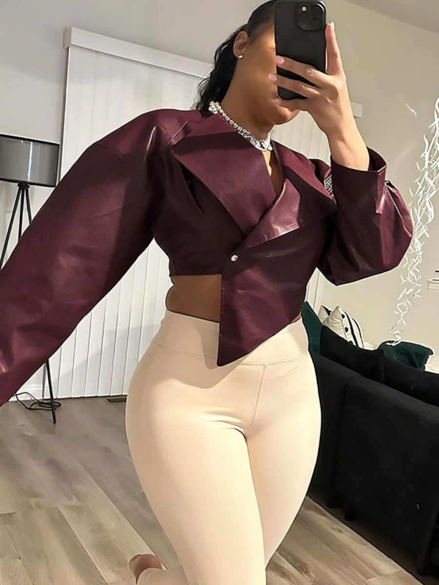 RYNLEES Asymmetrical Solid Color Faux Leather Jacket