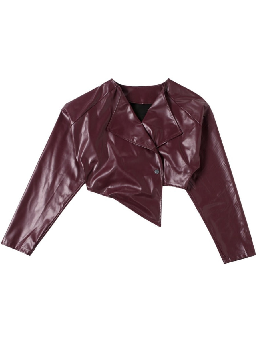 RYNLEES Asymmetrical Solid Color Faux Leather Jacket