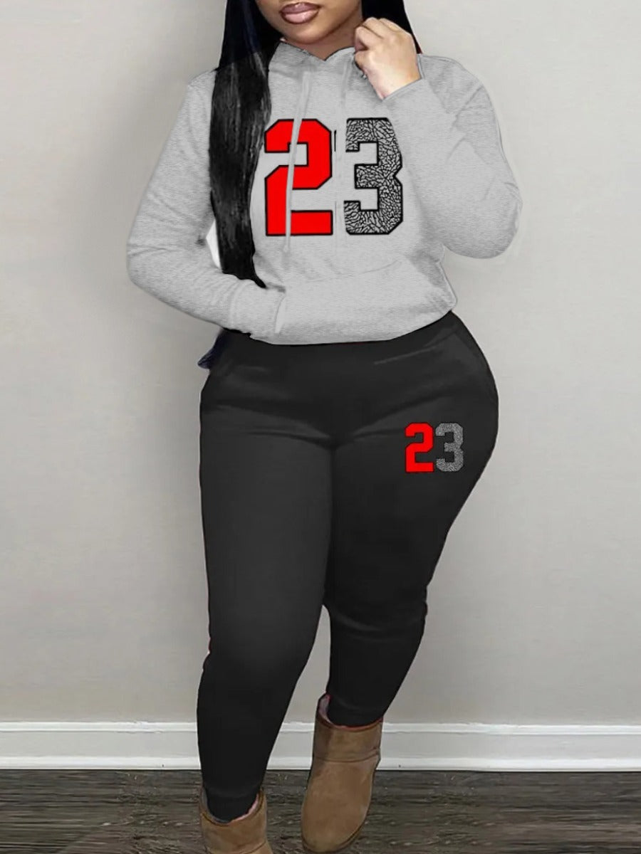 RYNLEES Casual Polyester Hooded Collar Drawstring Print Long Sleeve Two-piece Pants Set
